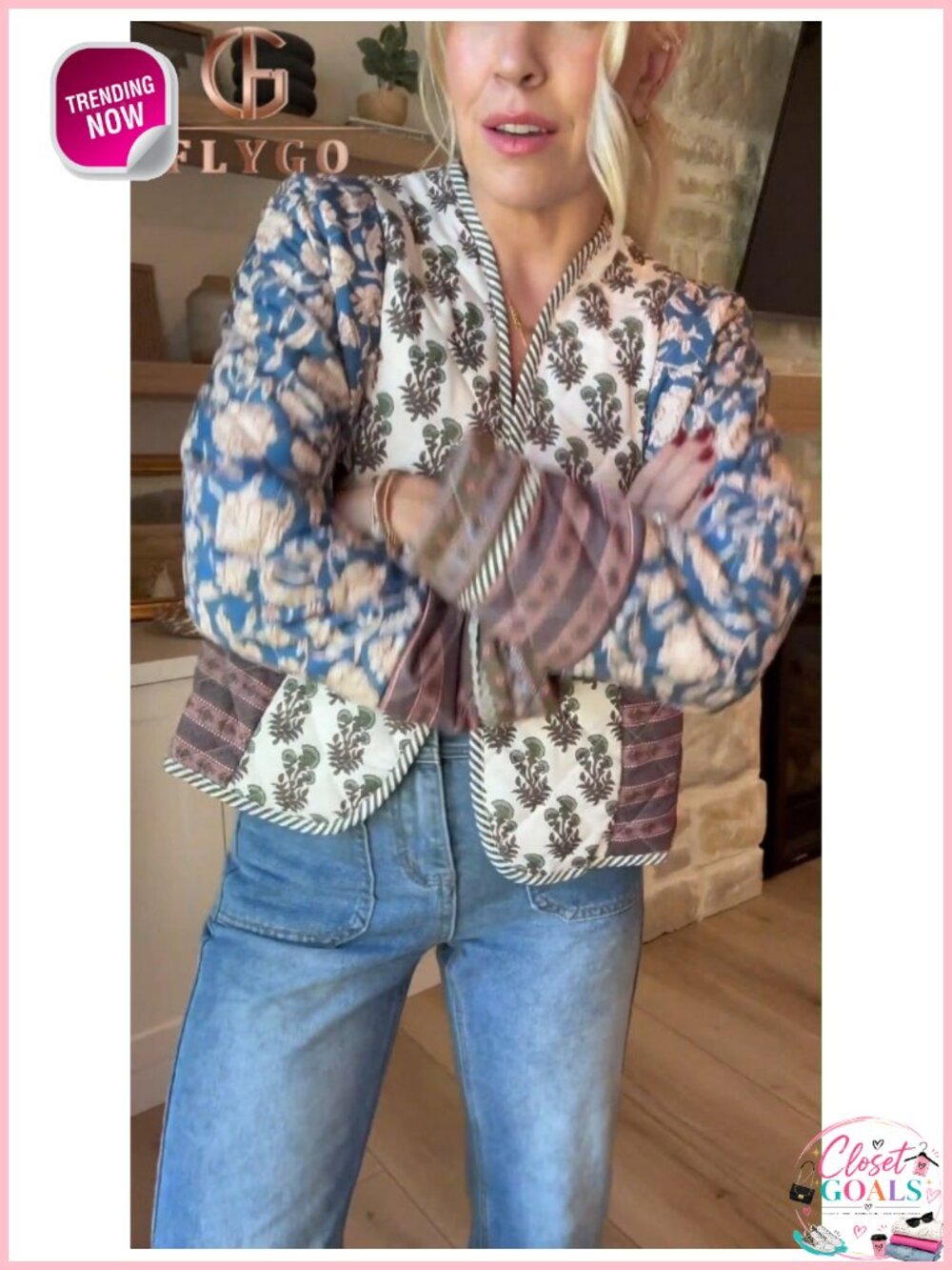 Floral Cropped Quilted Lightweight Jacket Open Front Cardigan - Picture 5 of 6